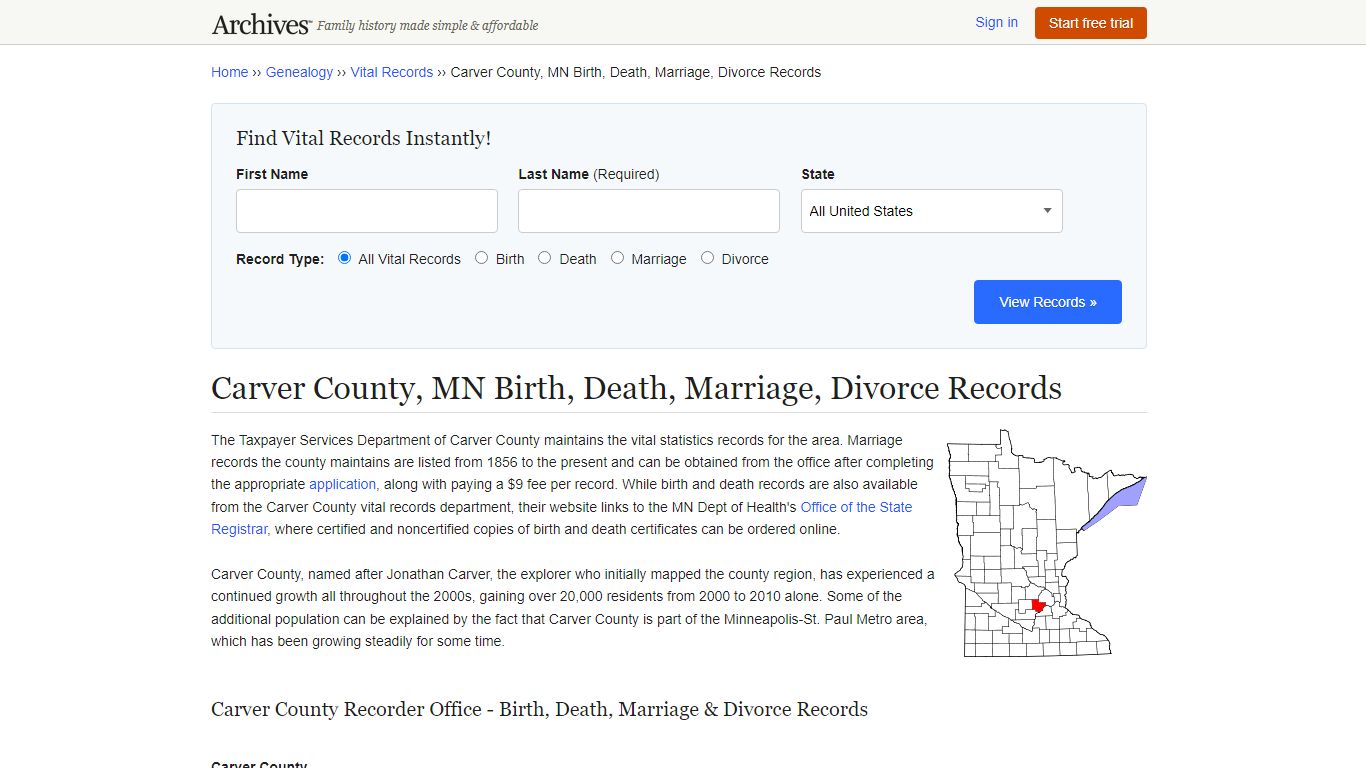 Carver County, MN Birth, Death, Marriage, Divorce Records