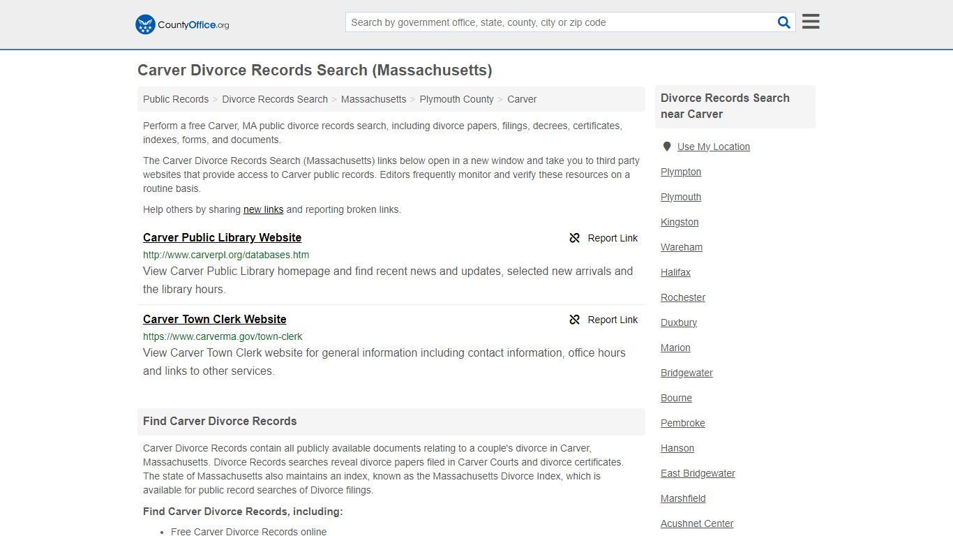 Carver Divorce Records Search (Massachusetts) - County Office